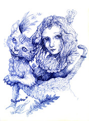 Beautiful detailed fantasy drawing of a fairy girl and a cat, 