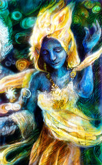 Blue dancing spirit in golden costume with energy lights, mystic