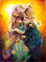fantasy elven fairy man portrait with dandelion, colorful bright