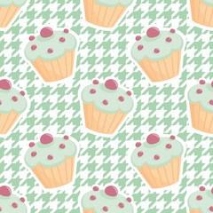 Tile vector cupcake pattern on mint green houndstooth background