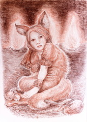 Shamanic young woman in fox costume sitting near sacred fires 