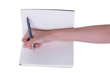 A woman(female) two hands hold a empty(blank) book(note, diary)