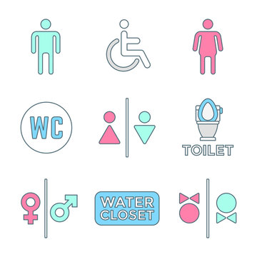 various colored outline water closet signs toilet restroom icons