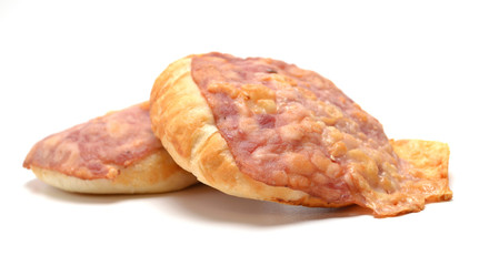 Baked bun with bacon and cheese on white background