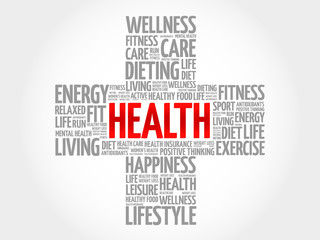 Health word cloud, health cross concept