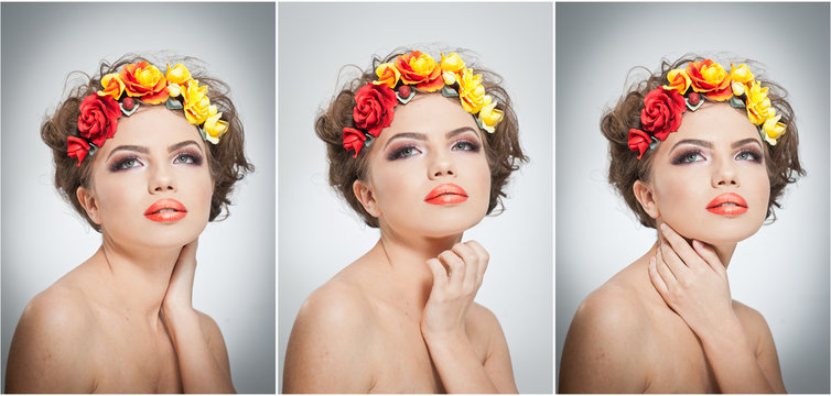 Portrait of beautiful girl in studio with yellow and red roses
