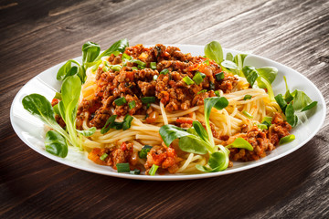 Pasta with meat, tomato sauce and vegetables