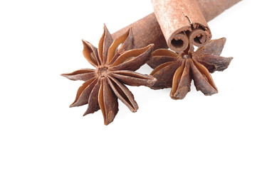 cinnamon stick and star anise spice on the white