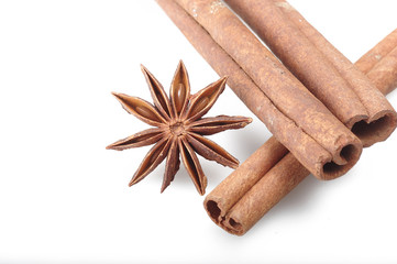 cinnamon stick and star anise spice on the white
