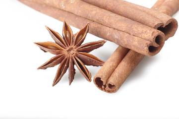 cinnamon stick and star anise spice on the white