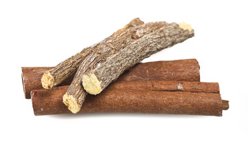 Cinnamon stick and Liqorice on the white