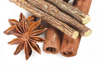 Cinnamon stick Licorice and Star Anise on the white