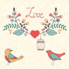 Elegant love card with birds and floral wreath
