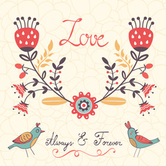 Elegant love card with birds and floral wreath