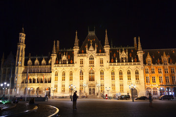 Fototapeta na wymiar Provincial Court in Markt square at night. Bruges, Belgium