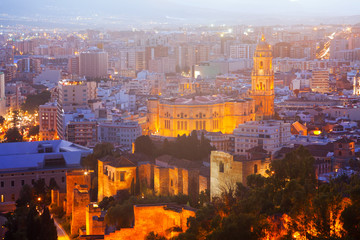 Fototapeta na wymiar Cathedral and cityspace from castle in night. Malaga
