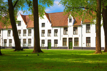 Fototapeta na wymiar White houses in the court of The Begijnhof. Bruges, Belgium