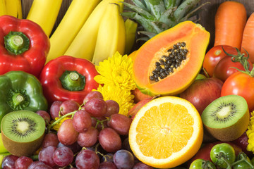 Group of fresh fruits and vegetables organics for healthy