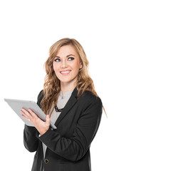 young businesswoman happy using tablet PC, look away, isolated o