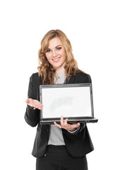 Young business woman with laptop, isolated on white background