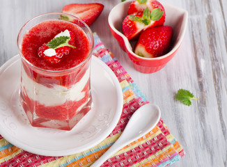 Layered Dessert with strawberries and mint leaves.