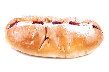 Raspberry jam and cream pastry on a white background