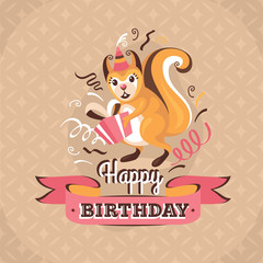 Vintage birthday greeting card with a squirrel vector illustrati