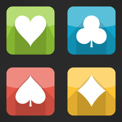 Bright playing cards suits icons set in modern flat design. Card
