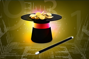 magic hat and wand with dollar coins