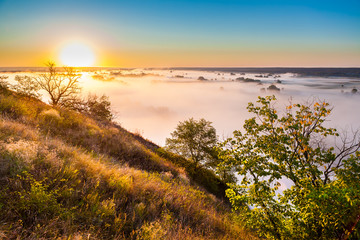 Misty dawn from hill over Valley and the forest