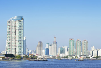Business district cityscape with blue sky, Bangkok