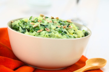 Mashed potato with herbs and roasted sunflower seeds