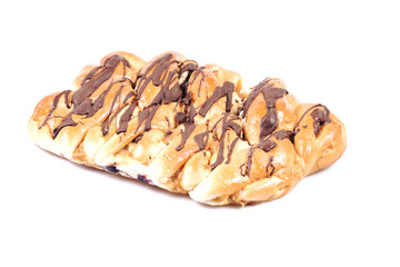 Chocolate and caramel danish pastry on a white background