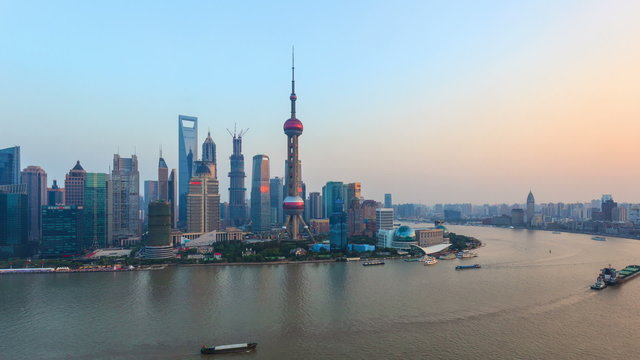 Zooming In Of China Shanghai Huangpu River, Day To Night.