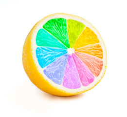 Lemon cut half slice with color wheel isolated