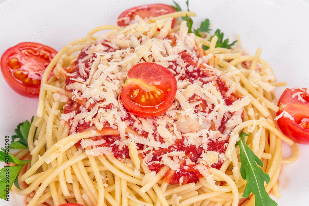 Poster Spaghetti with tomato basil and cheese.