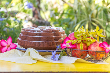 freshly baked home-made banana apple cake on natural background