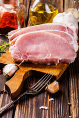 Raw pork slices on a chopping board