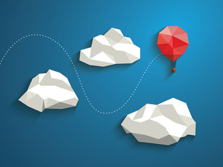Low poly red balloon flying between polygonal clouds in the sky