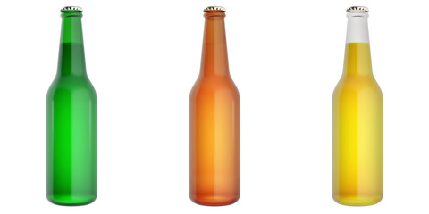 Set of glass beer bottles. 3d illustration