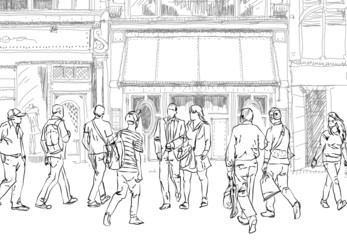 People and tourists in Bond street. London.. Sketch collection