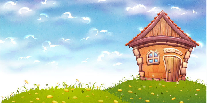 Vector illustration of cartoon home on meadow