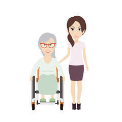 Young Woman Helps Her Disabled Grandma on a Wheelchair