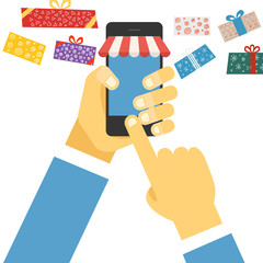 Digital commerce illustration. Online shopping with modern devic