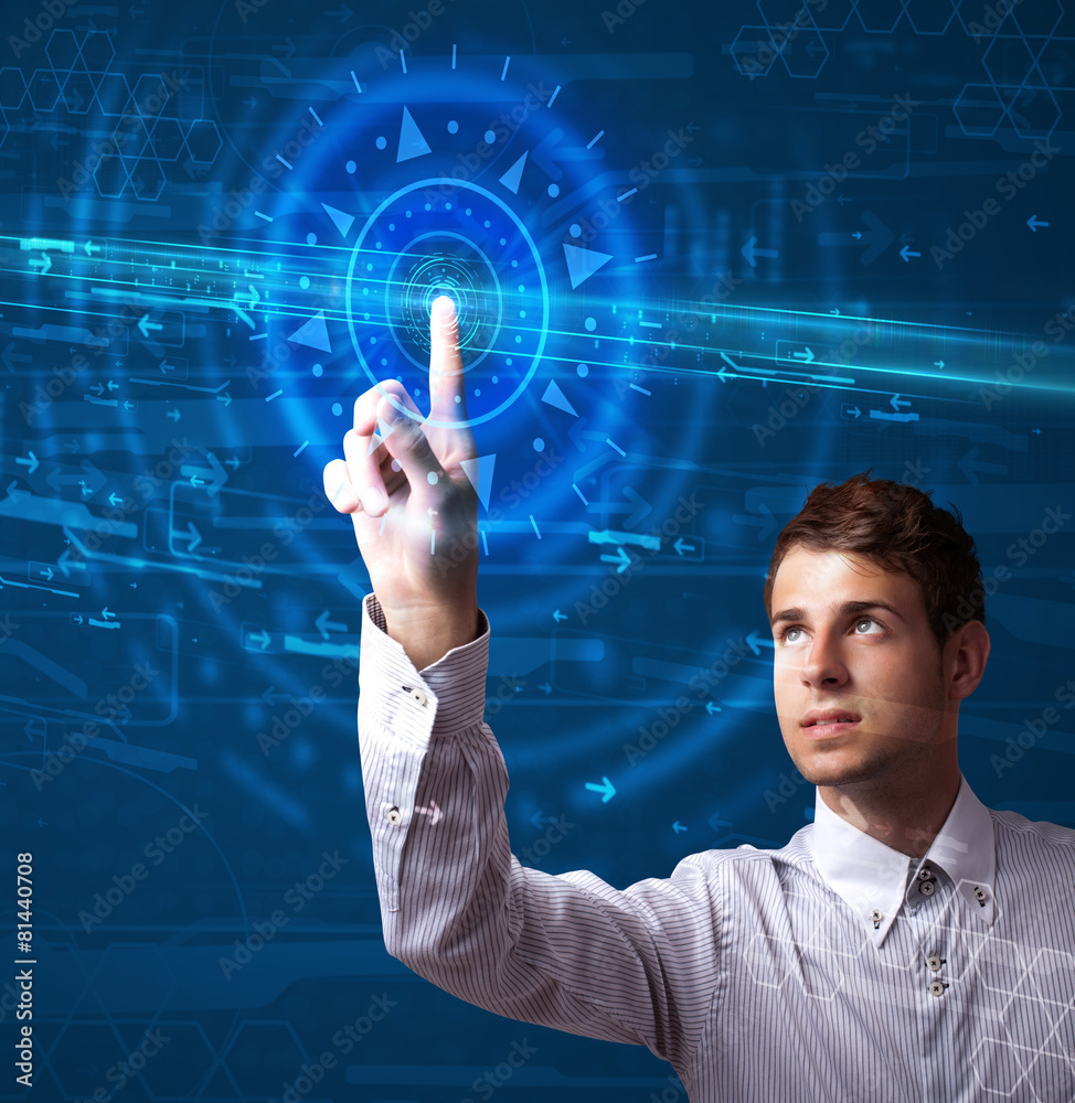 Poster handsome tech guy pressing high technology control panel screen
