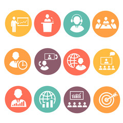 Business people meeting online and offline strategic icons set