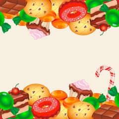 Seamless pattern colorful sticker candy, sweets and cakes.