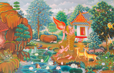 Mural mythology buddhist religion on wall in Thai temple