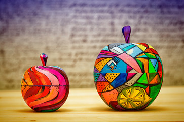 Decorative apples fruit made of wood, hand-painted. Modern art