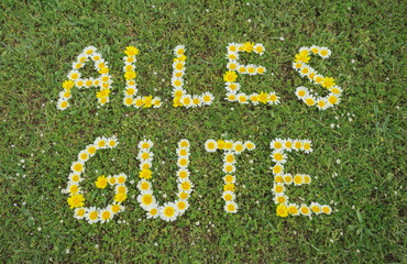 Text ALLES GUTE aus Blüten im Gras